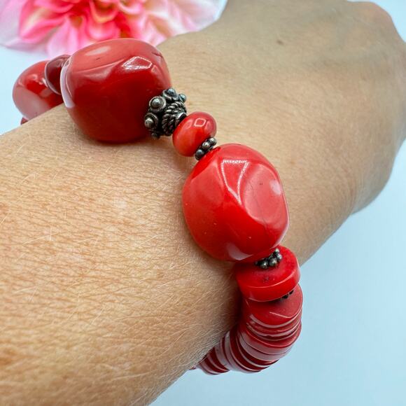 Chunky Red Dyed Bamboo Coral Toggle Clasp Bracelet Bali Style Beads Bohemian Big - Picture 3 of 10